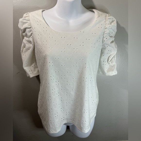 Cece Women's Size Small White Ruffle Sleeve Eyelet Knit Top - Picture 1 of 6